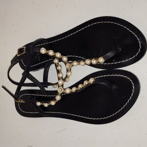 Tory burch sandals black and gold with pearls size 8